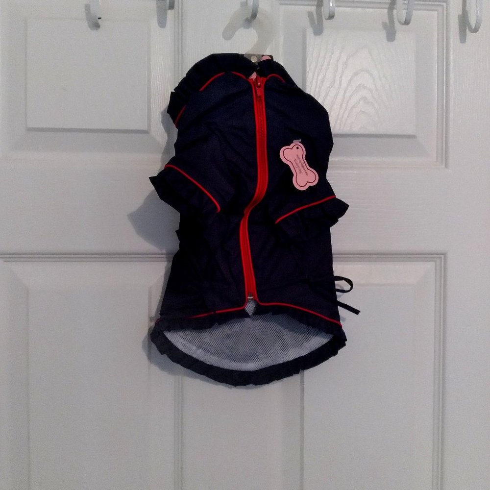 Introducing the MonkeyDaze Navy Blue Pet Jacket with Red Trim: The Perfect Blend